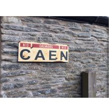 Caen 1940's Vintage Metal WW2 Road Sign with bullet holes 