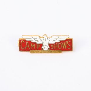 USO Camp Show metal collar badge.
