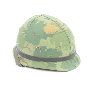 Original Vietnam M1C Paratrooper helmet with camouflage cover and liner